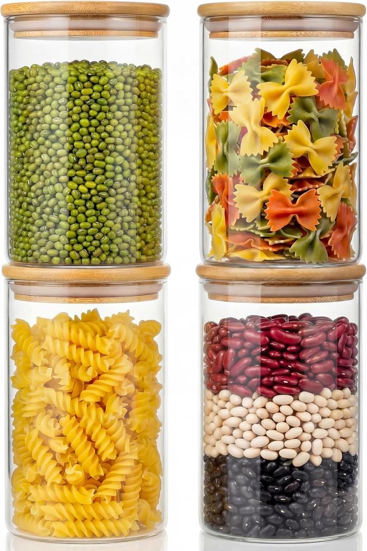 32oz - 4 Pack Glass Jars with Bamboo Lids, Glass Pantry Storage Containers with Airtight Lids, Round Air Tigh Food Storage Canisters for Cereal, Pasta, Flour, Sugar, Rice, Best for Kitchen Organizer
