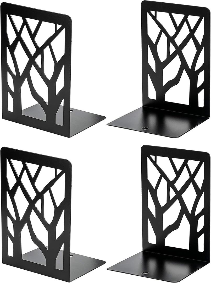 MaxGear Book Ends Tree Design Modern Bookends for Shelves, Non-Skid Book Holder, Heavy Duty Metal Book Storage for Books/CDs, Decorative Book Stopper for Home, 7 x 4.7 x 3.5, Black,2 Pair/4 Pieces (2 Pairs)