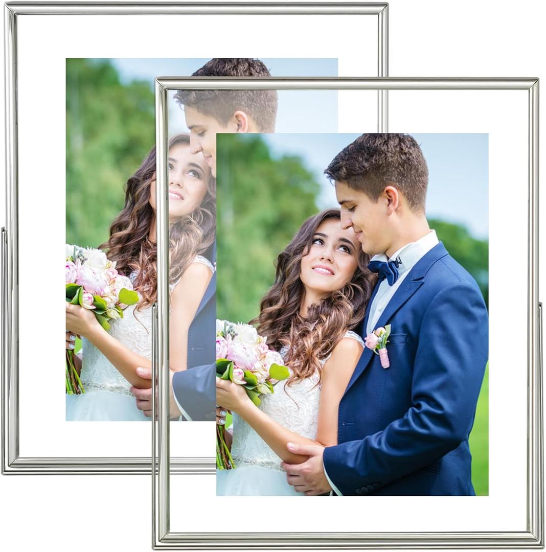 8x10 Picture Frame set of 2, for 5x7 6x8 with Floating Effect, for 8 x 10 without Floating, Double Real Glass Photo Frames Only for Tabletop, Home or Wedding Decoration Gift (Vertical Silver)