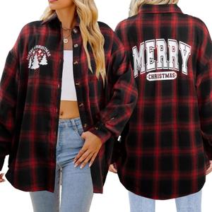 Christmas Plaid Blouses Women Xmas Santa Long Sleeve Shirt Checked Cute Christmas Collared Button Down Tops (Large, Red Black Merry)