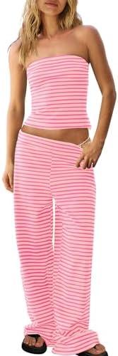 Panadila Womens Striped Two Piece Sets Summer Lounge Outfits Sailor Tube Top and Pants Matching Set Beach Vacation Travel Y2k, Medium