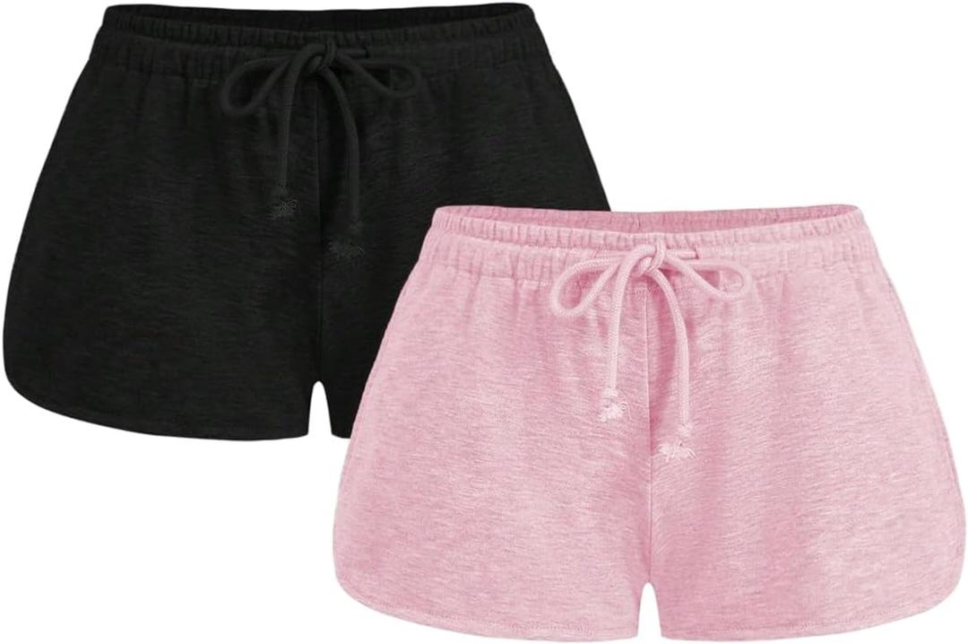 Women's 2 Packs Drawstring Waist Sweat Shorts Low Rise Workout Track Shorts Casual Lounge (Large, Black and Pink)