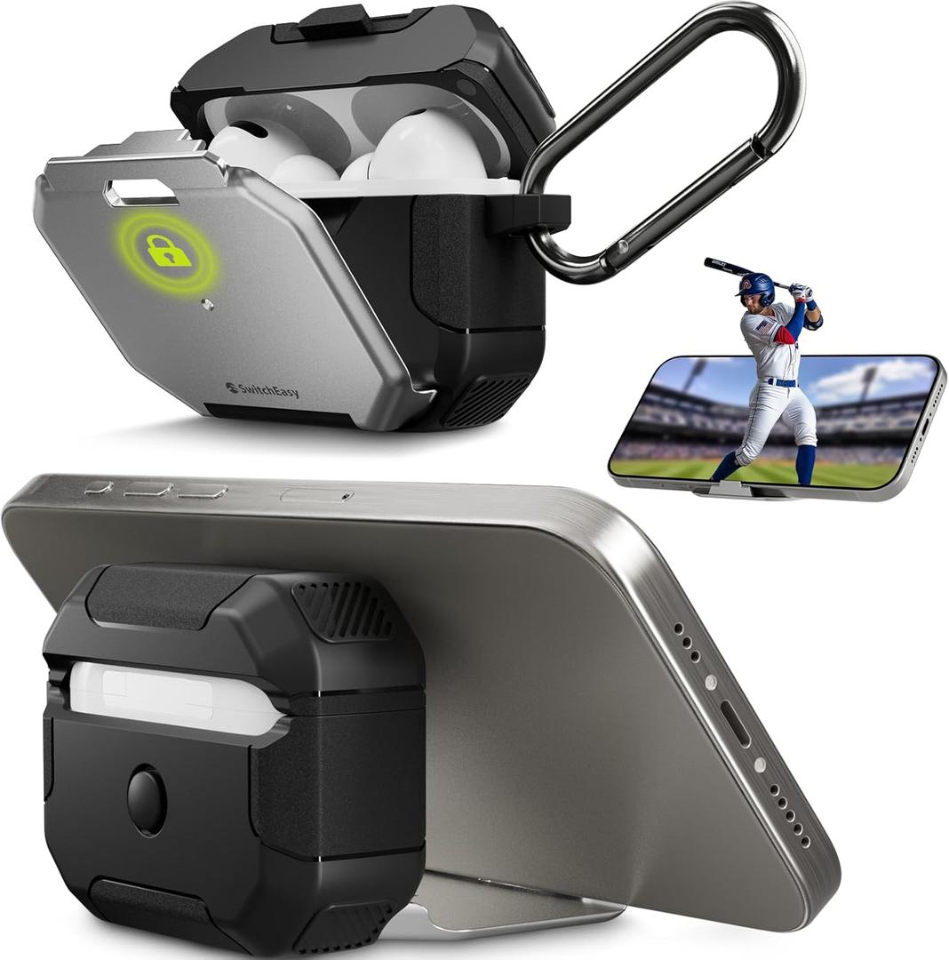 SwitchEasy Defender+ AirPods Pro Locking Case 2nd Generation & 1st Generation - Wireless Charging Case with Phone Stand, Shockproof Protection for Apple AirPods, AirPod Pro Case with Lock - Silver