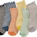 6 Pairs Women Ruffle Socks Striped Frilly Socks, Women Cute Socks Checkered Socks Ankle Socks for Women Cotton Knit Casual Crew Socks Size 5-9, Medium