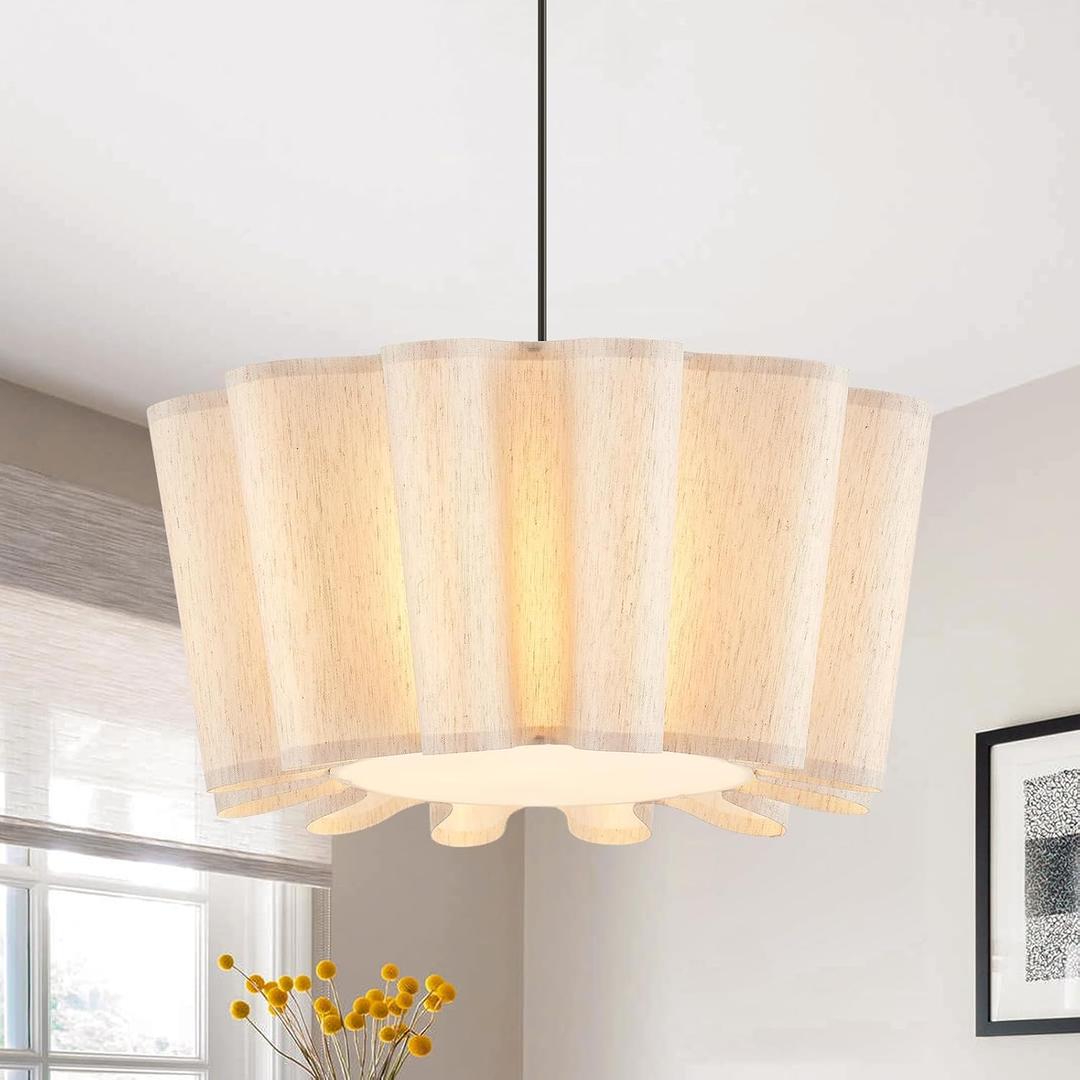 VILUXY Modern Fabric Pendant Light 23.6 Large Chandelier with Linen Flower Lampshade 3-Light Dining Room Light Fixture Farmhouse Hanging Ceiling Chandelier for Bedroom Kitchen Living Room Foyer