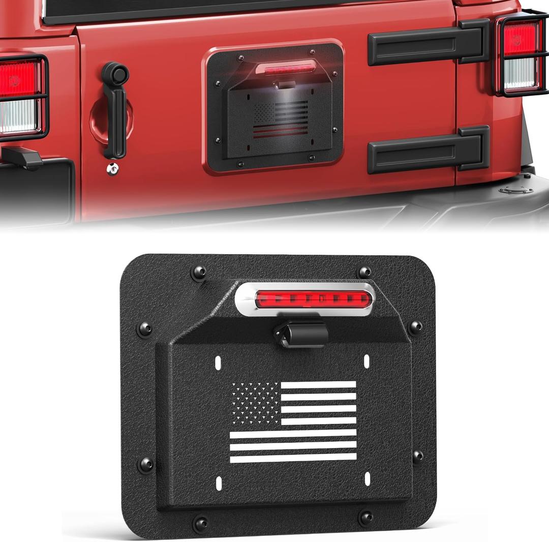 Spare Tire Delete License Plate Holder with LED Brake Light, Fits for 2007-2018 Jeep Wrangler JK JKU, Carbon Steel with E-Coating & Powder-Coated Finish, USA Flag Relocation Bracket Kit