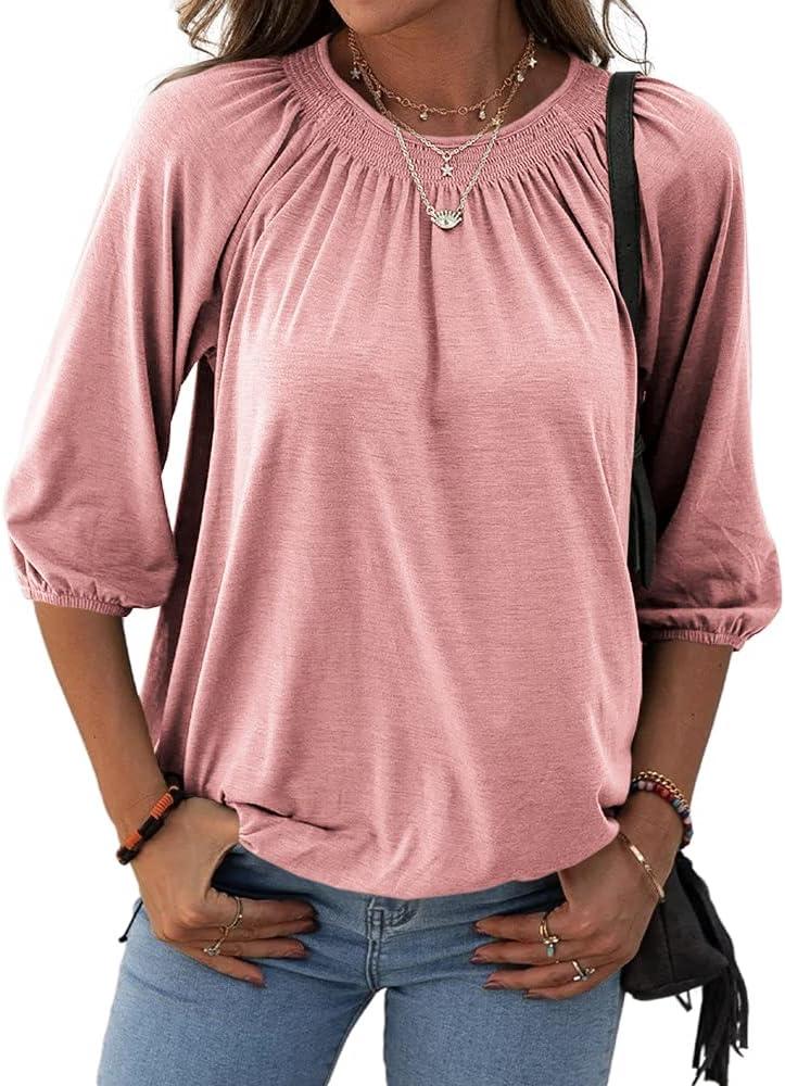Grlasen Women's Solid Crew Neck T Shirt Blouse Cotton Half Sleeve 3/4 Sleeve Casual Loose Pleated Basic Tops (X-Large, Pink) Grlasen Women's Solid Crew Neck T Shirt Blouse Cotton Half Sleeve 3/4 Sleeve Casual Loose Pleated Basic Tops (X-Large, Pink)