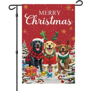 Merry Christmas Dogs Garden Flag 12x18 Inch Double Sided Welcome Xmas Winter Seasonal Small Burlap Garden Flags for Porch, Patio, Lawn, Farmhouse, Holiday Decoration