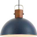 ELYONA 16 Large Ash Wood Pendant Light with Hammered Blue Metal & Brushed Brass Handle Large Pendant Light Fixtures Modern Dome Hanging Lamp for Kitchen Island, Dining Table, Bedroom, Hallway