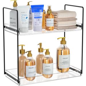 Bathroom Countertop Organizer, 2 Tier Acrylic Tray Vanity Counter Skincare Organizer Shelf, Home Storage Holder for Lotion Makeup Cosmetics Perfume Spice, Black+Clear