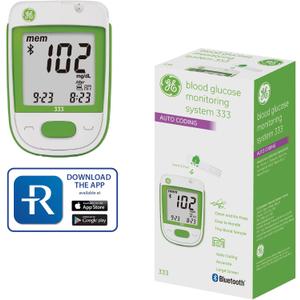 GE333 Smart Blood Glucose Monitoring System | Glucometer | Auto Coding | 5-Second Results | Bluetooth Rightest CARE App Connection | Easy-to-read Display