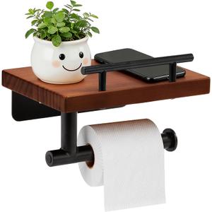 Toilet Paper Holder with Wood Shelf, Wall Mount Toilet Paper Roll Holder with Wooden Shelf and Matte Black Stainless Steel Pipe, Tissue Roll Holder for Bathroom Washroom (Dark Brown, 7.9'' x 5.9'')