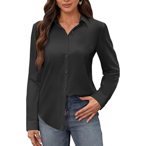 Siliteelon Button Down Dress Shirts for Women Long Sleeve Wrinkle Free Shirts Solid Work Business Formal Button Up Shirt Black M