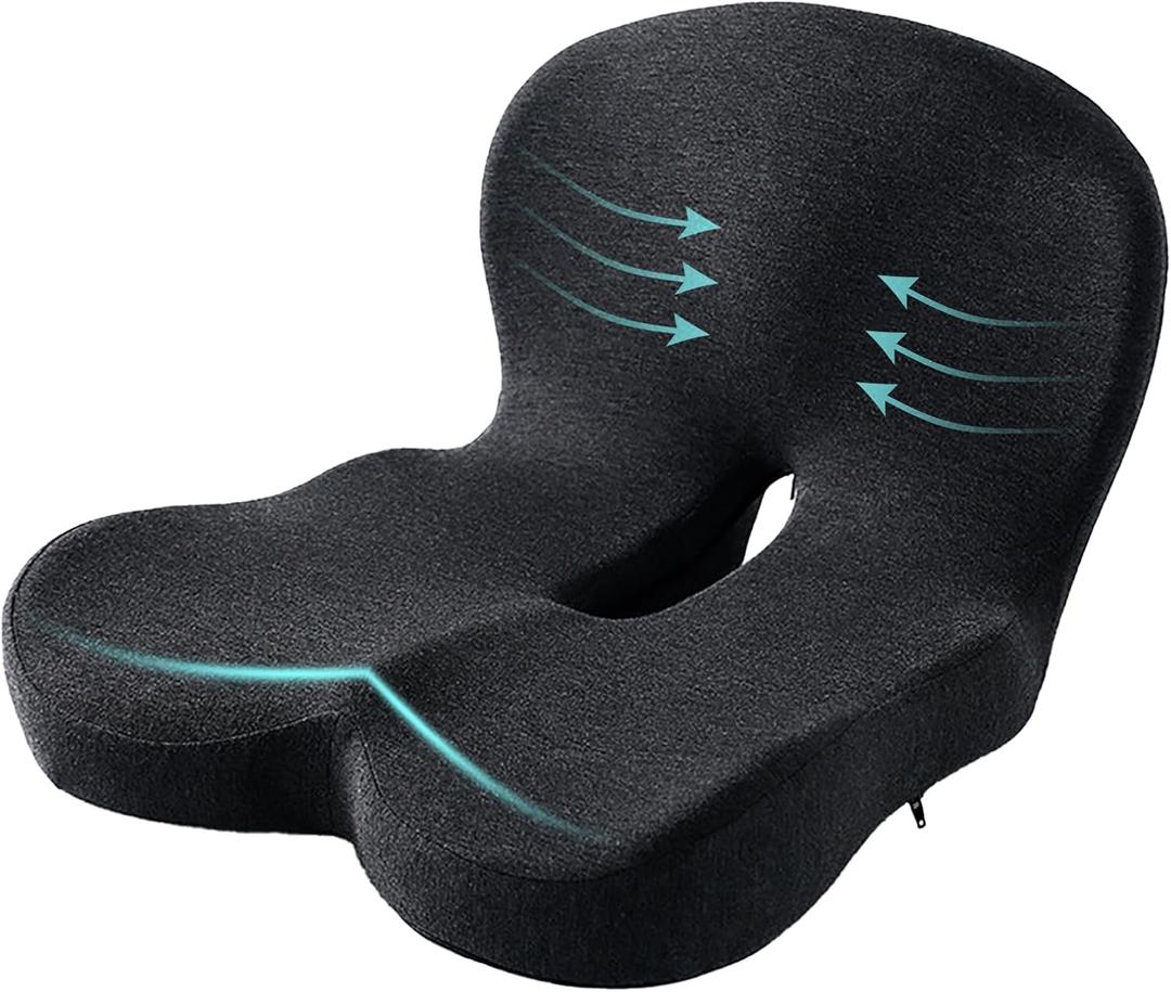 Ergonomic Seat Cushion for Back Pain & Sciatica Relief Memory Foam Chair Pad for Office Chairs Wheelchair Car & Truck Drivers Non-Slip Design for Long Sitting Comfort (Black)