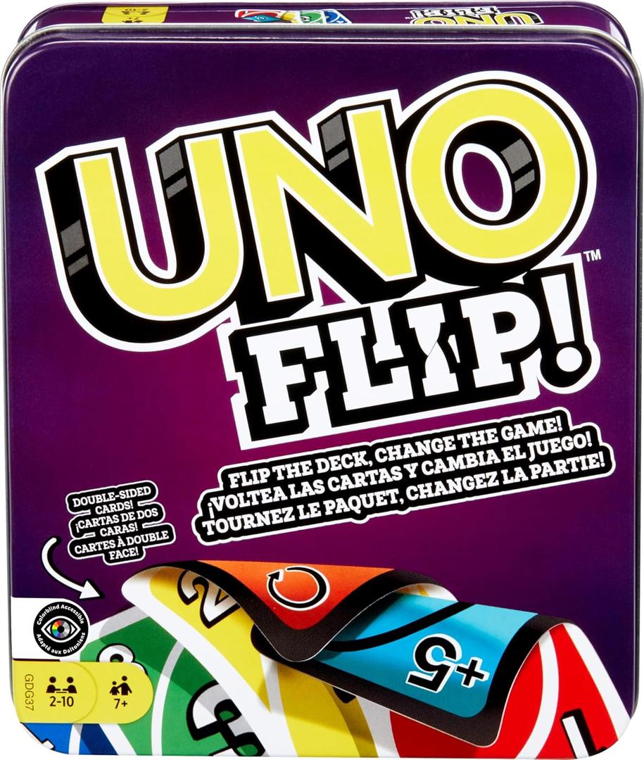 Mattel Games UNO FLIP! Card Game in Storage & Travel Tin, Color Blind Accessible Deck for Kids, Adults & Family Nights & Parties