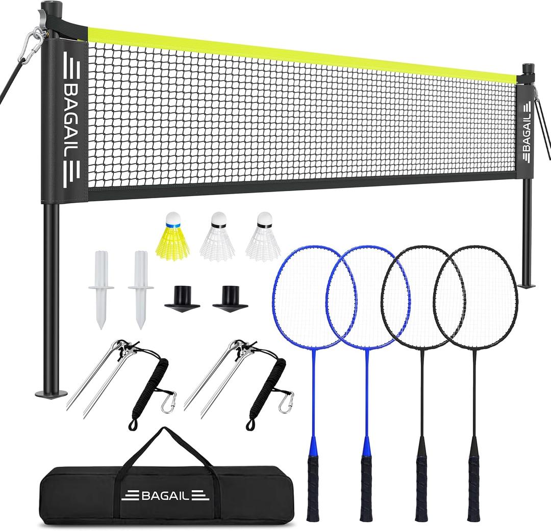 BAGAIL Outdoor Badminton Net Set with Anti-Sag Winch System - Official Size 20ft x 5ft, 4 Rackets, 3 Shuttlecocks, Durable PE Net & Carry Bag for Backyard, Beach, Family Games (Yellow)