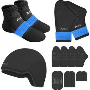 Atsuwell Cold Therapy Socks & Hand Ice Pack Cooling Cap for Chemotherapy Neuropathy, Reusable Cold Compression with Adjustable Strap, Chemo Care Package for Women & Men, Black, S/M