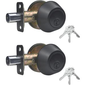 1 Side Keyed Deadbolt Lock,Single Cylinder Dead Bolt, Matte Black Round Exterior Keyed Front Entry Inside Door Deadbolt, 2 Pack
