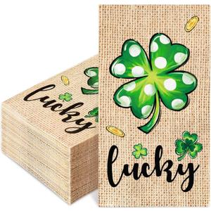 JarThenaAMCS 100Pcs St. Patrick's Day Guest Napkin Shamrock Clover Disposable Paper Napkins Rustic Burlap Print Dinner Hand Towels for Kitchen Bathroom Irish Party Supplies Table Decor