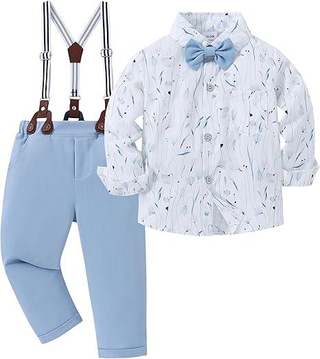  Toddler Baby Boy Clothes Suit Gentleman Wedding Outfits Formal Dress Shirt+Bowtie+Suspender Pants, Light Blue 3-4T