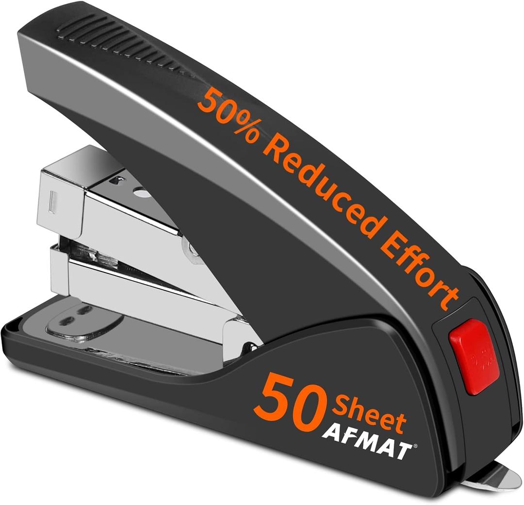 AFMAT Stapler for Desk, 50 Sheet Effortless Desktop Stapler Staple with One Finger, Portable Ergonomic Handheld Staplers Heavy Duty, Built-in Remover, Space Save Size, Good for Home & Office ES10 (Black)