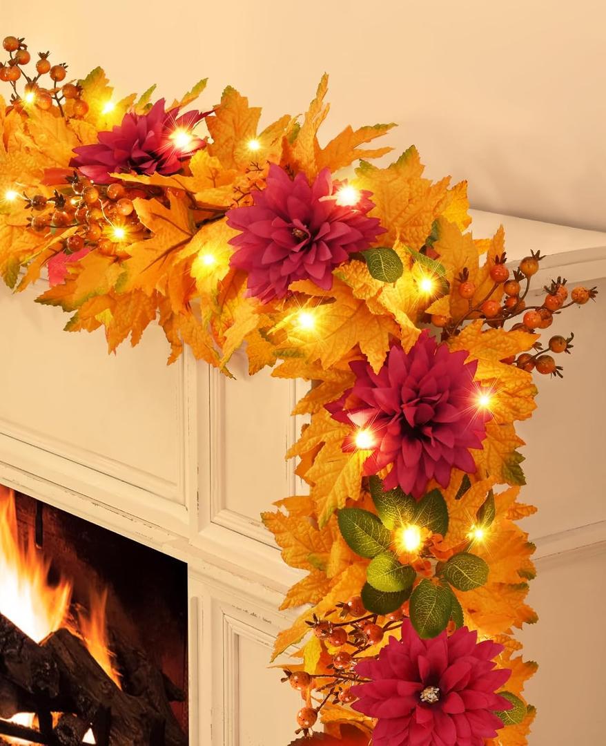 Fall Garland for Mantle, 5.9 FT Fall Garland with Lights Artificial Dahlia Flowers Maple Leaves Berries, Fall Decorations for Home Front Door Fireplace Mantel Thanksgiving Decor (1 Pack)