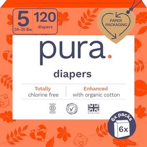 Pura Size 5 Eco-Friendly Diapers (24-35 lbs) Totally Chlorine Free (TCF), Hypoallergenic, Soft Organic Cotton, Sustainable, up to 12 Hours Leak Protection, Allergy UK, 6 Packs of 20 (120 Diapers)