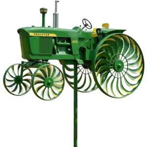Garden Wind Spinner, Green Tractor Windmill Stake with Rotating Wheels for Patio Yard Garden, Unique Outdoor Sculptures Ornament Gift for Friends Family (Tractor)