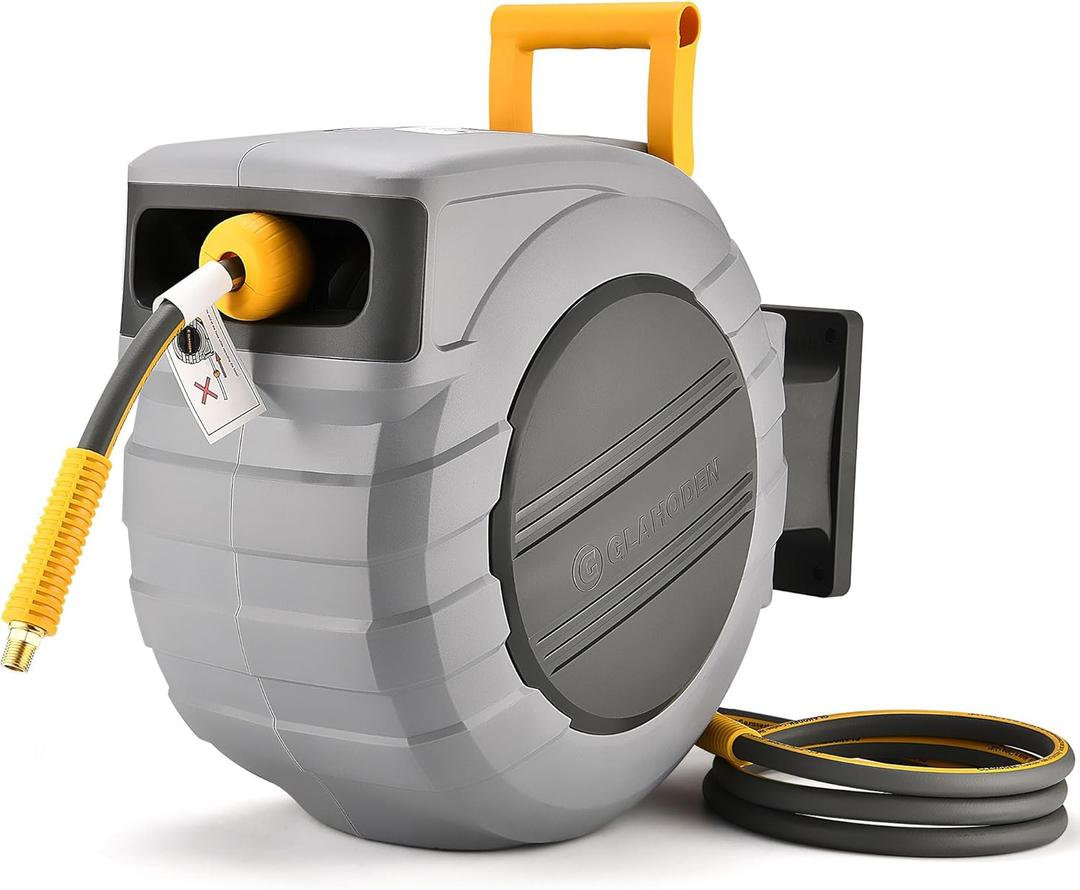 glahoden Air Hose Reel 115 Ft Retractable, 3/8 in x 115 Ft Hybrid Hose Air Compressor Hose Reel with 6 Ft Lead in Max 300 PSI Patented Design for Any Length Lock 180Swivel Bracket Quick Coupler