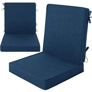 Outdoor Chair Cushions, Water-Resistant & Fade-Resistant, Patio Furniture Lawn Dining Chair Seat Replacement with Mid Back, Ties Zipper, Removable Cover, 18 x 16.5 Inch, Set of 2, Navy Blue