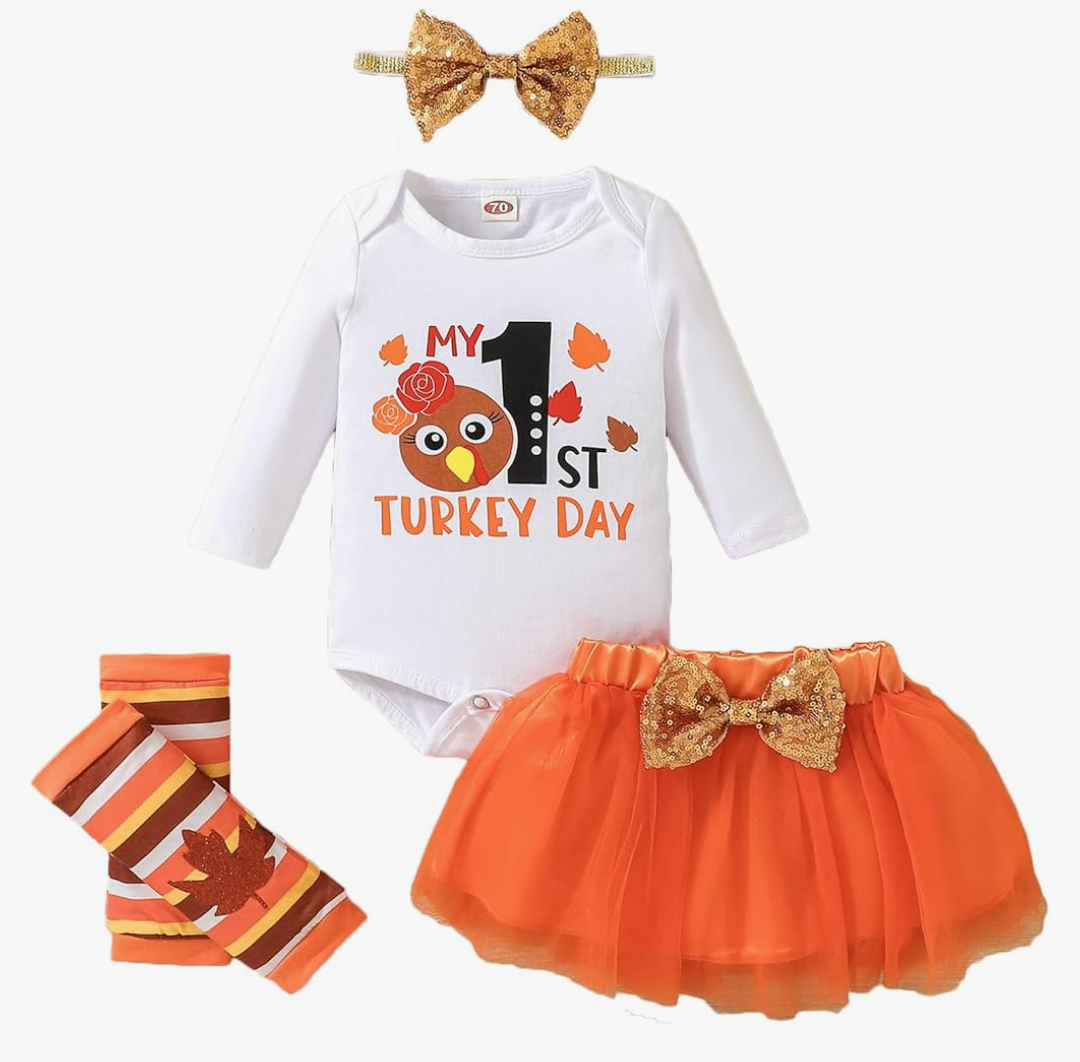 Baby Girl Thanksgiving Outfit Bodysuit+Tutu Skirt+Leg Warmer+Bunny Headband Set Newborn 90