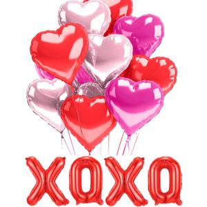 Heart Balloons XOXO Red Pink Fuchsia Mylar Heart Shaped Balloon for Valentines Day 12 Pack Foil Helium Decorations