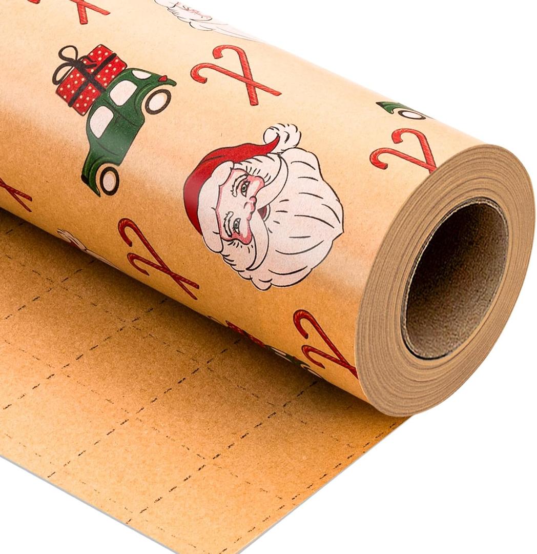Yarcony Kraft Christmas Wrapping Paper Roll, Brown Vintage Santa Wrapping Paper, Funny Santa, Truck & Candy Cane Pattern Thick Christmas Gift Wrap for Holiday Gift Packaging (17 Inch X 33 Feet)