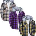 ZITY 3 Pack Men's Flannel Hoodie Shirts Long Sleeve Casual Vintage Button Down Plaid Shirt Jacket with Pocket (X-Large, Deepbluebeige Purple Yellownavy)