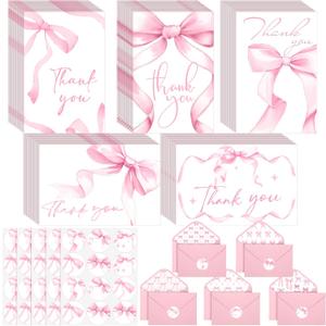 100 Sets Bow Thank You Cards with Envelope and Sticker Bulk 5.9x3.9 Inch Watercolor Coquette Bowknot Blank Note Greeting Cards for Wedding Bridal Baby Shower Birthday Party Supplies(Pink,Bow)