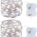 2 Pack Battery Operated Mini Led Fairy Lights Dewdrop Garland Lights with Timer 6 Hours on/18 Hours Off for Wedding Party Decorations,50 Leds 18 Feet Silver Wire (Cold White)