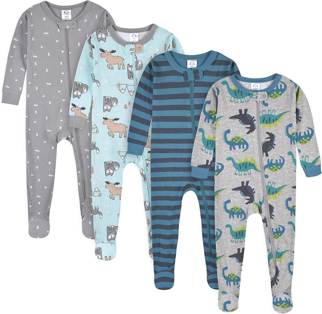 4-Pack Boys Safari Animals & Crab Snug Fit Footed Cotton Pajamas (3 Months, Dino and Arctic Animals)