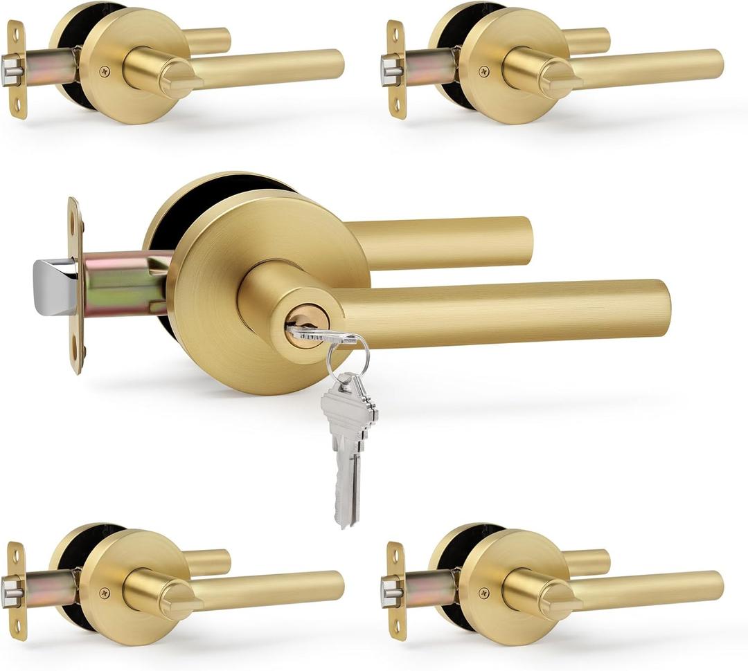 Brushed Gold Entry Door Handle with Keys, Round Design Heavy Duty Door Lever, 5 Pack Wholesale Keyed-NOT-Alike Reversible for Left/Right Handed for Entrance and Front Door, Satin Brass