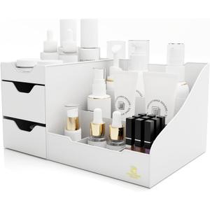 Uncluttered Designs Large Makeup Organizer for Vanity - Countertop Desk With Drawers for Cosmetic, Beauty, Hair, Nail, Perfume & Skincare - Perfect for Bathroom & Bedroom Storage (White)