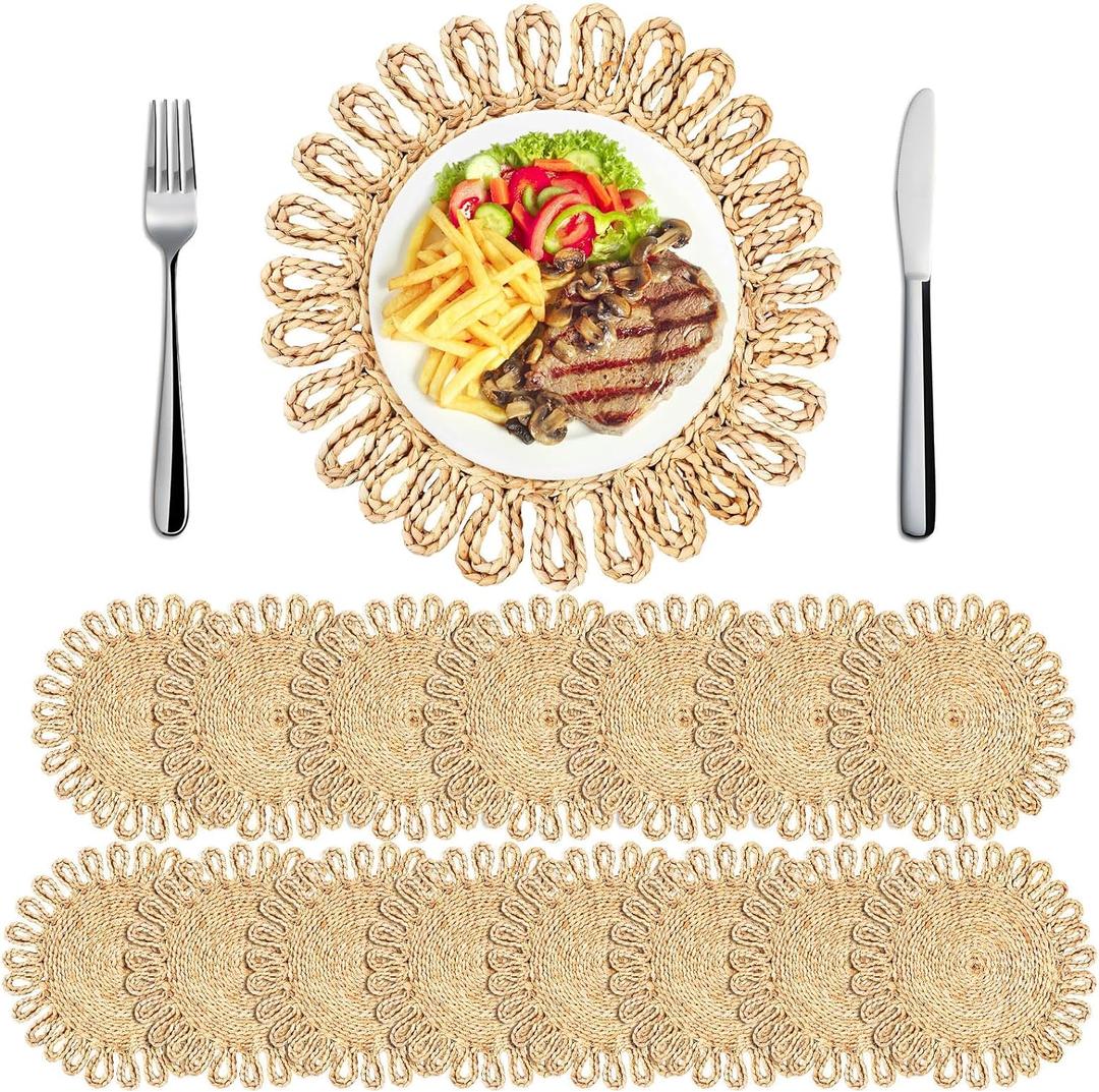 Zopeal 11'' Round Natural Woven Placemats Set of 16 Boho Braided Rattan Placemats Farmhouse Place Mats Wicker Charger Plates for Dining Table Home Wedding Indoor Outdoor(Solid)