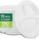 Freshware Paper Plates - Disposable 10" Plate, 150-Pack, Biodegradable Sugarcane Dinner Plates - Heavy Duty Dinnerware - Microwave & Freezer Safe, Stackable Dinnerware - 3-Compartment