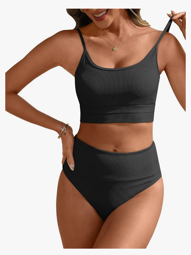 ANRABESS Women High Waisted Bikini Sets Color Block Summer Beach Vacation 2 Piece Bathing Suit Tummy Control Ribbed Swimsuit M