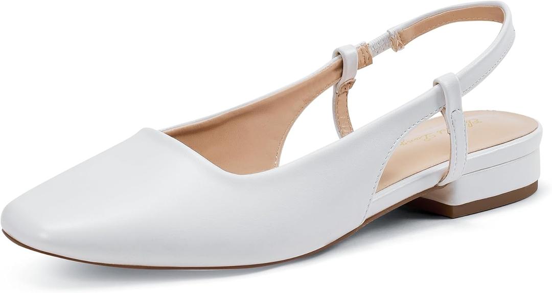 Elisabet Tang Women's Slingback Flats Closed Square Toe 1 Inch Slip-on Work Party Wedding Prom Casual Dressy Comfortable Flats (7, White)