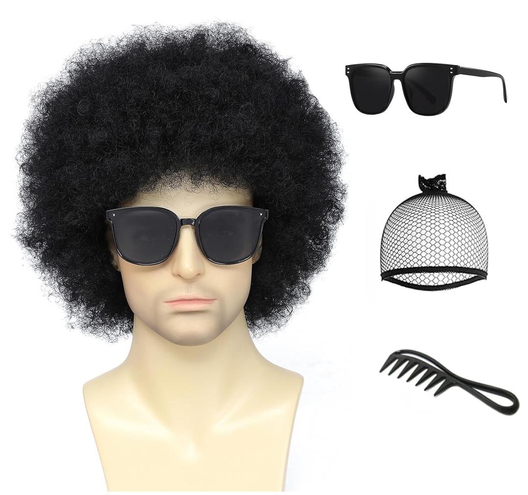 70s Disco Afro Wig for Men & Women - Black Curly Costume Wig Perfect for Halloween, 60s 70s Hippie, Funk Party, Cosplay (Black)