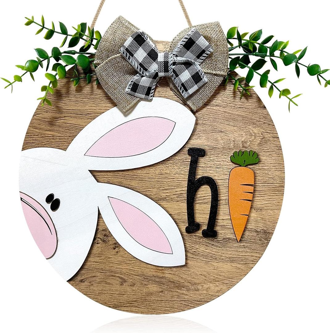 Easter Wooden Hanging Sign for Front Door Decor Double Plank Design Bunny Rabbit Wood Door Hanger with Bow for Outdoor Outside Porch, Spring Wooden Wreath Indoor Wall Hanging Decoration (Easter Day, Easter -4)