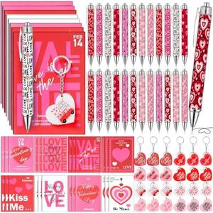 AmazingSpark 24 Sets Valentine's Day Ballpoint Pens and Keychains Pocket Notebook Gifts Bulk Valentine Party Favors Red Heart Pen for Students Teachers School Office Supplies