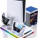 PS5 Cooling Station for PS5/Slim/Pro,PS5 Fan Cooling Fan with 8 RGB Light P5 Cooling Stand with 3 Level Fan Vertical Controller Charger Station with Dual Controller Chargers Dics Storage 4 HUB