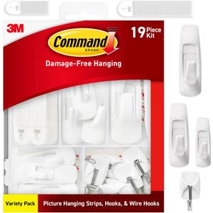 Command General Purpose Variety Kit, Various Sized Hooks, Wire Hooks, and Picture Hanging Strips to Hang Up to 19 Items, Organize Damage-Free (White)
