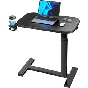 HUANUO Bedside Table with Wheels, Height-Adjustable Rolling Computer Cart, Overbed Table with Cup Holder, Pneumatic Laptop Standing Desk for Home Office, Black (27.6" x 15.7") (Small 28*16Inch)