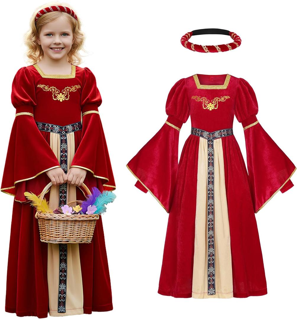 Medieval Princess Costume for Girls Vintage Dress Burgundy Court Dress for Girls Halloween Party Costume (12-14 Years)